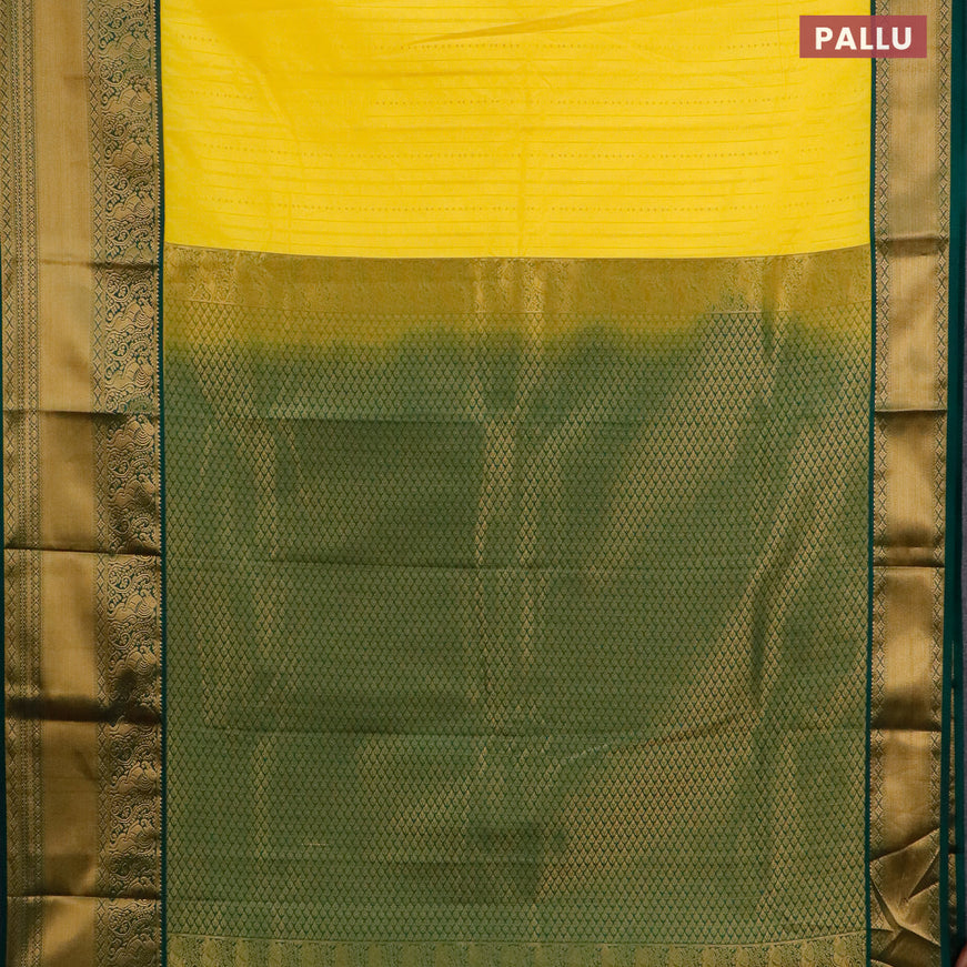Semi kanjivaram silk saree yellow and green with allover zari weaves and zari woven korvai border