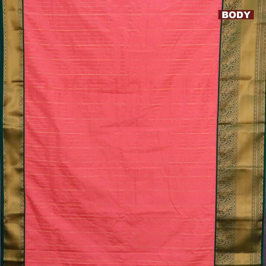 Semi kanjivaram silk saree candy pink and green with allover zari weaves and zari woven korvai border
