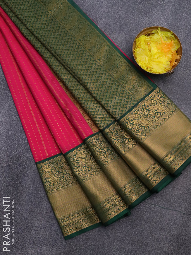 Semi kanjivaram silk saree pink and green with allover zari weaves and zari woven korvai border