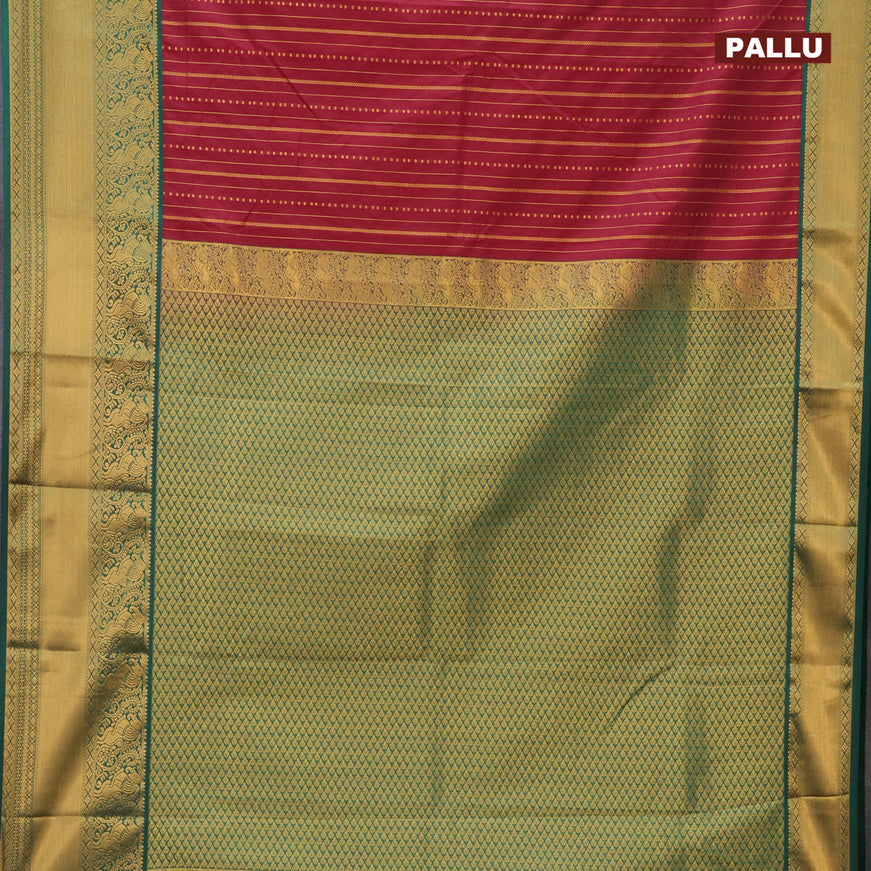 Semi kanjivaram silk saree maroon and green with allover zari weaves and long zari woven korvai border