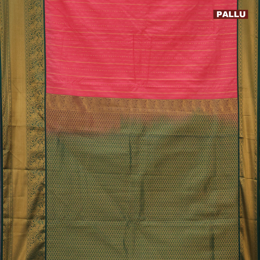 Semi kanjivaram silk saree peach orange and green with allover zari weaves and long zari woven korvai border