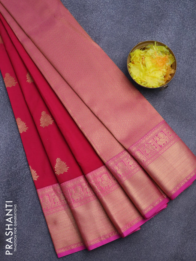Semi kanjivaram silk saree dark pink and pink with zari woven buttas and long zari woven korvai border