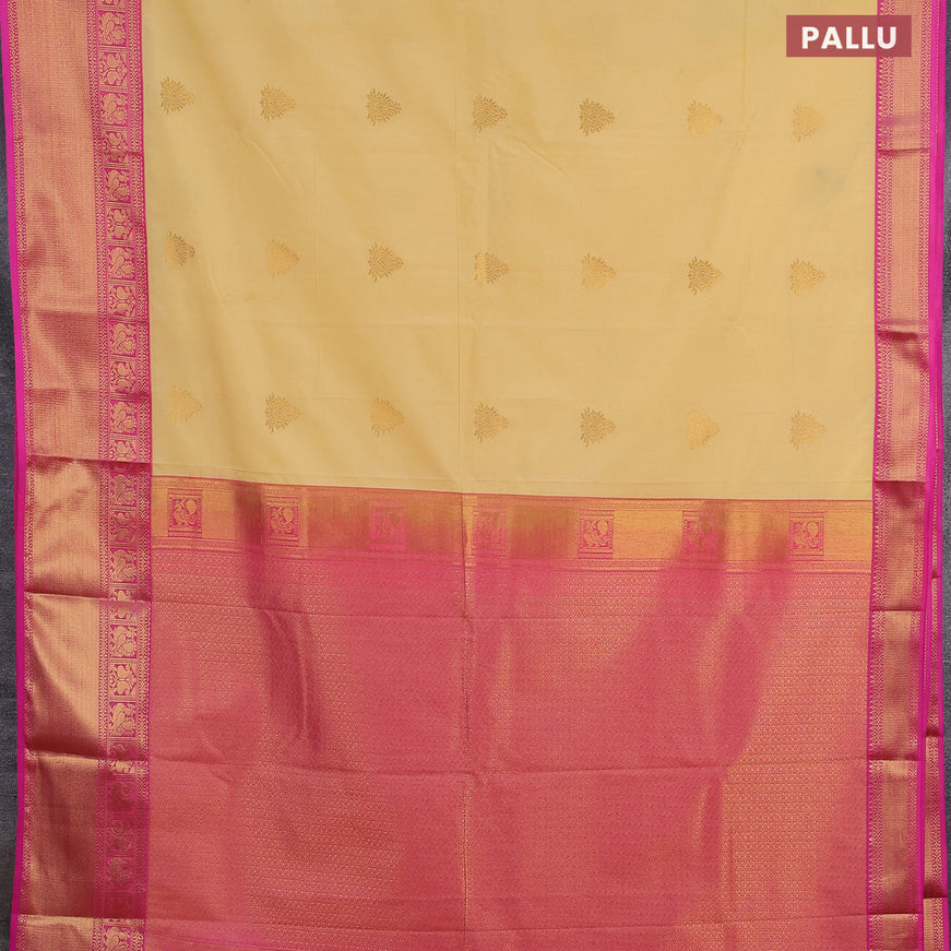 Semi kanjivaram silk saree cream and pink with zari woven buttas and long zari woven korvai border