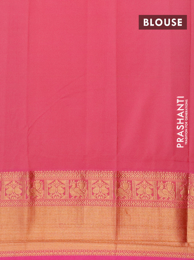Semi kanjivaram silk saree green and pink with zari woven buttas and long zari woven korvai border