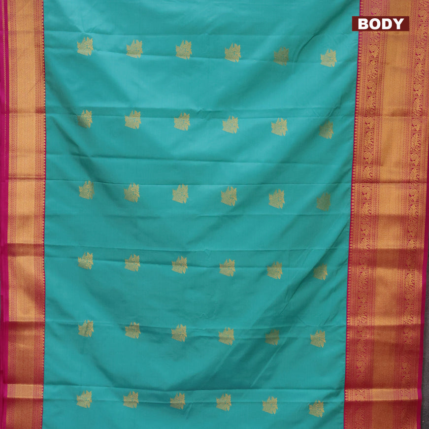 Semi kanjivaram silk saree teal blue and magenta pink with zari woven buttas and long zari woven korvai border