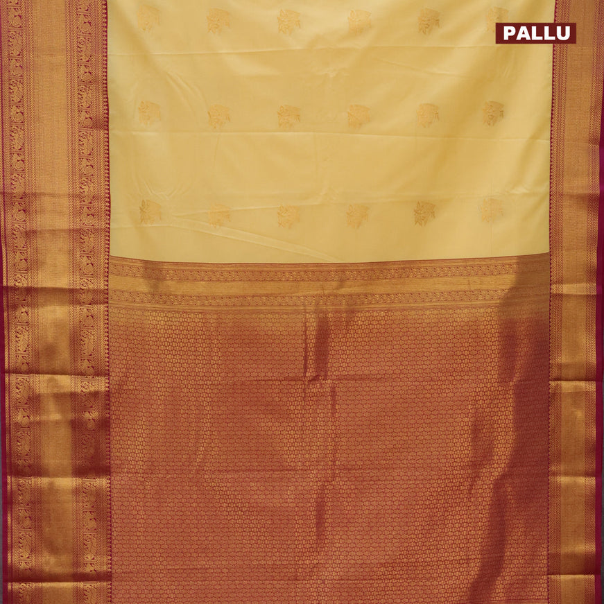 Semi kanjivaram silk saree pale yellow and magenta pink with zari woven buttas and long zari woven korvai border