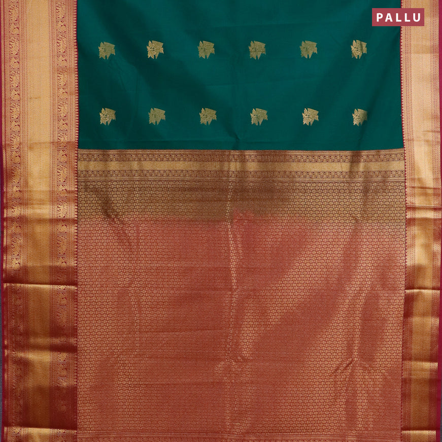 Semi kanjivaram silk saree green and magenta pink with zari woven buttas and long zari woven korvai border