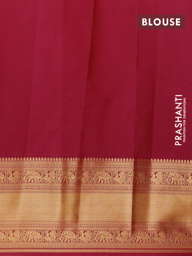 Semi kanjivaram silk saree green and magenta pink with zari woven buttas and long zari woven korvai border