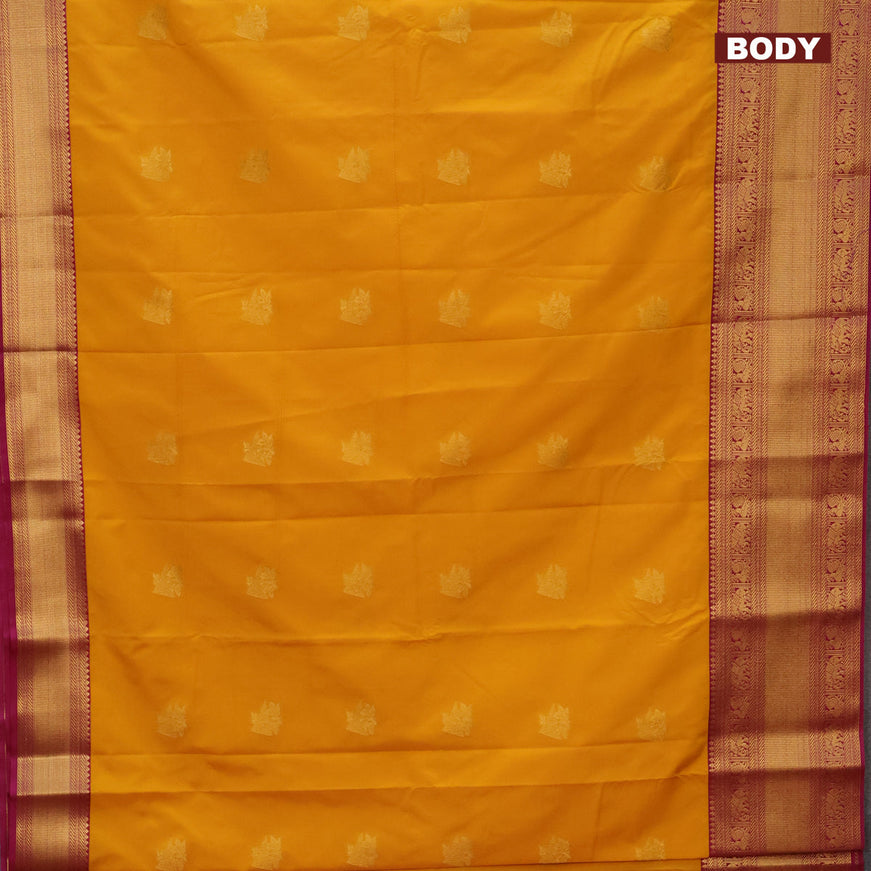 Semi kanjivaram silk saree mango yellow and magenta pink with zari woven buttas and long zari woven korvai border