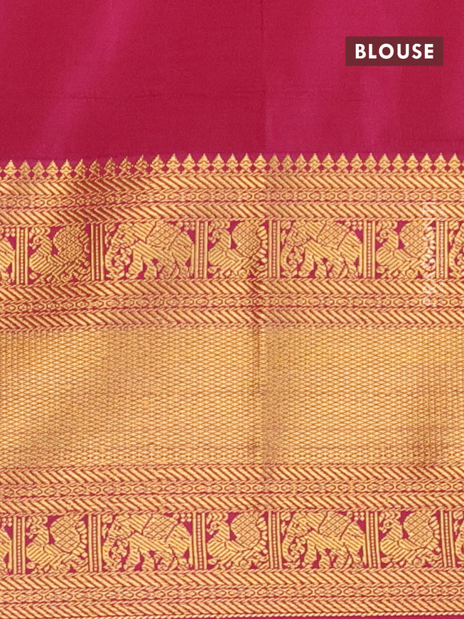 Semi kanjivaram silk saree mango yellow and magenta pink with zari woven buttas and long zari woven korvai border