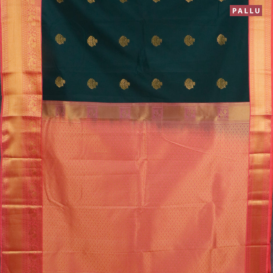 Semi kanjivaram silk saree dark green and peach pink with zari woven buttas and long zari woven korvai border