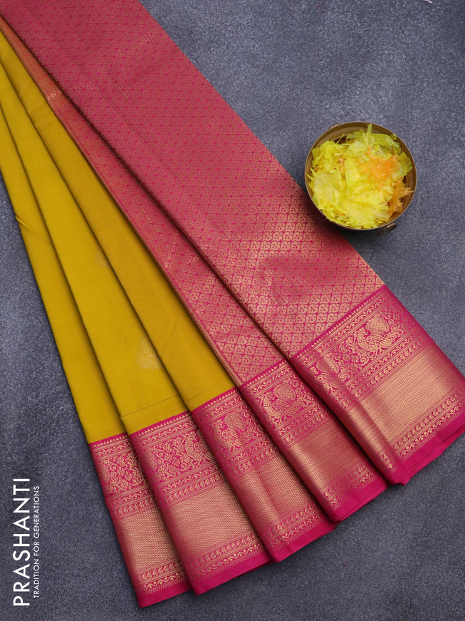 Semi kanjivaram silk saree mustard yellow and pink with zari woven buttas and long zari woven korvai border
