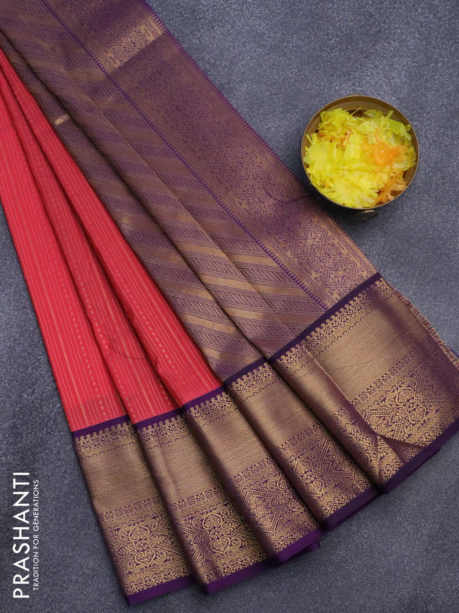 Semi kanjivaram silk saree pink shade and violet with allover zari weaves and long zari woven korvai border
