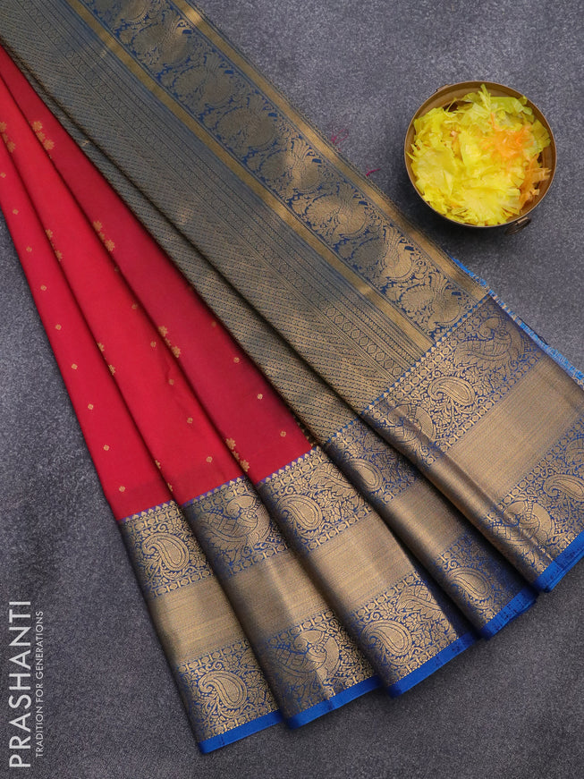 Semi kanjivaram silk saree dual shade of pink and cs blue with zari woven floral buttas and long zari woven korvai border