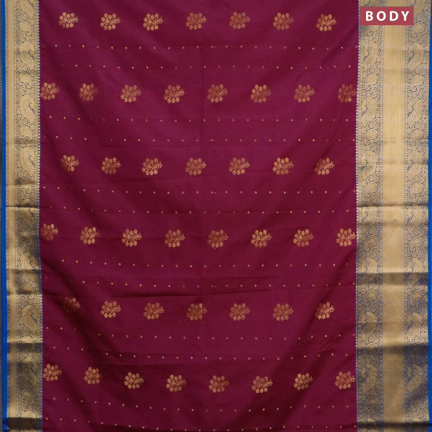 Semi kanjivaram silk saree purple and cs blue with zari woven floral buttas and long zari woven korvai border