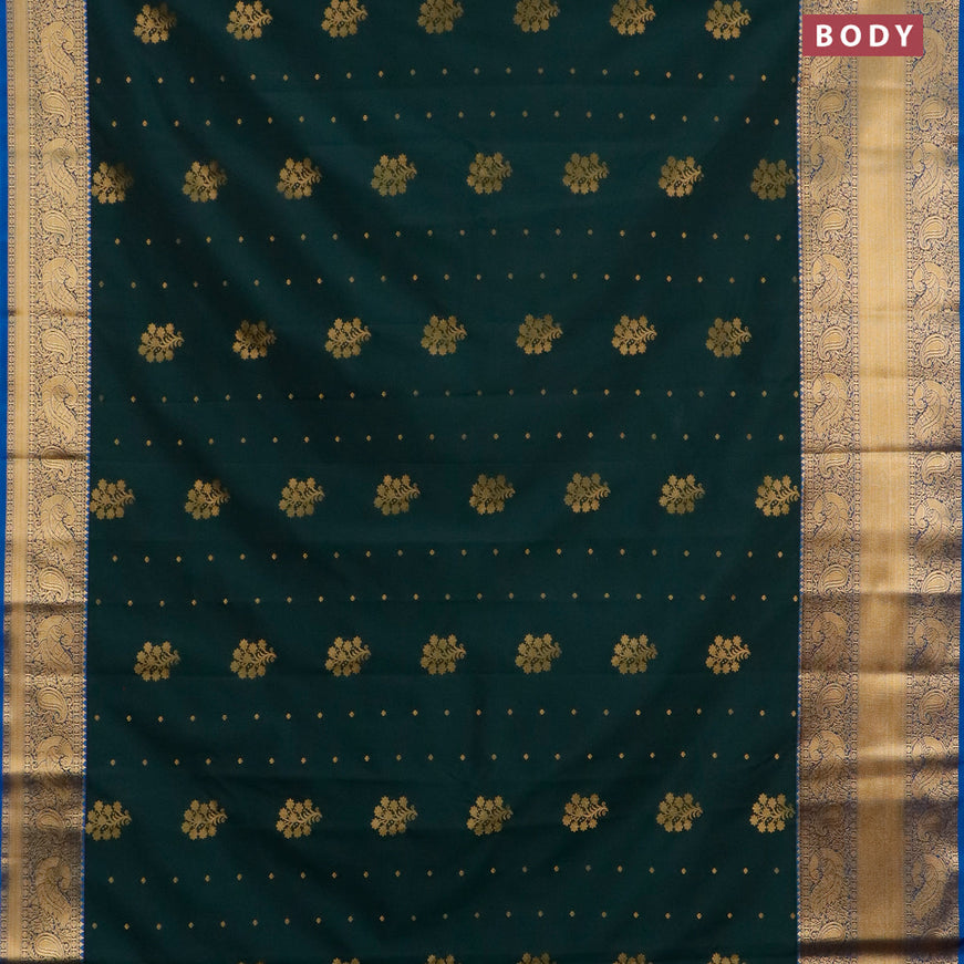 Semi kanjivaram silk saree dark green and cs blue with zari woven floral buttas and long zari woven korvai border