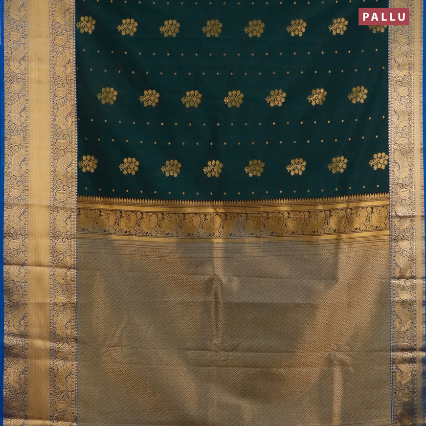 Semi kanjivaram silk saree dark green and cs blue with zari woven floral buttas and long zari woven korvai border