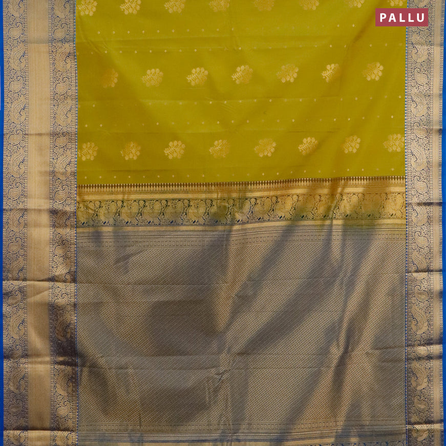 Semi kanjivaram silk saree mehendi green and cs blue with zari woven floral buttas and long zari woven korvai border