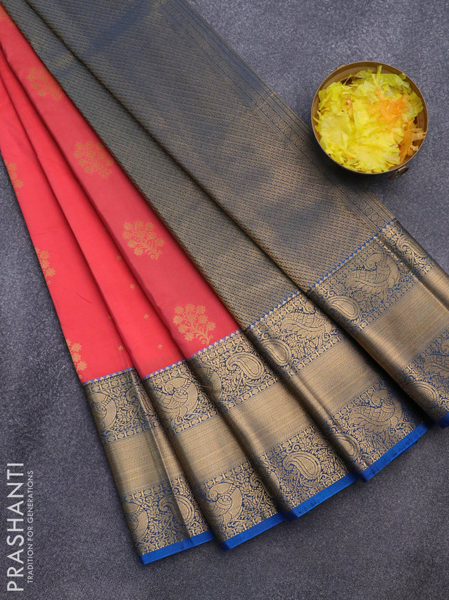 Semi kanjivaram silk saree peach pink and cs blue with zari woven floral buttas and long zari woven korvai border