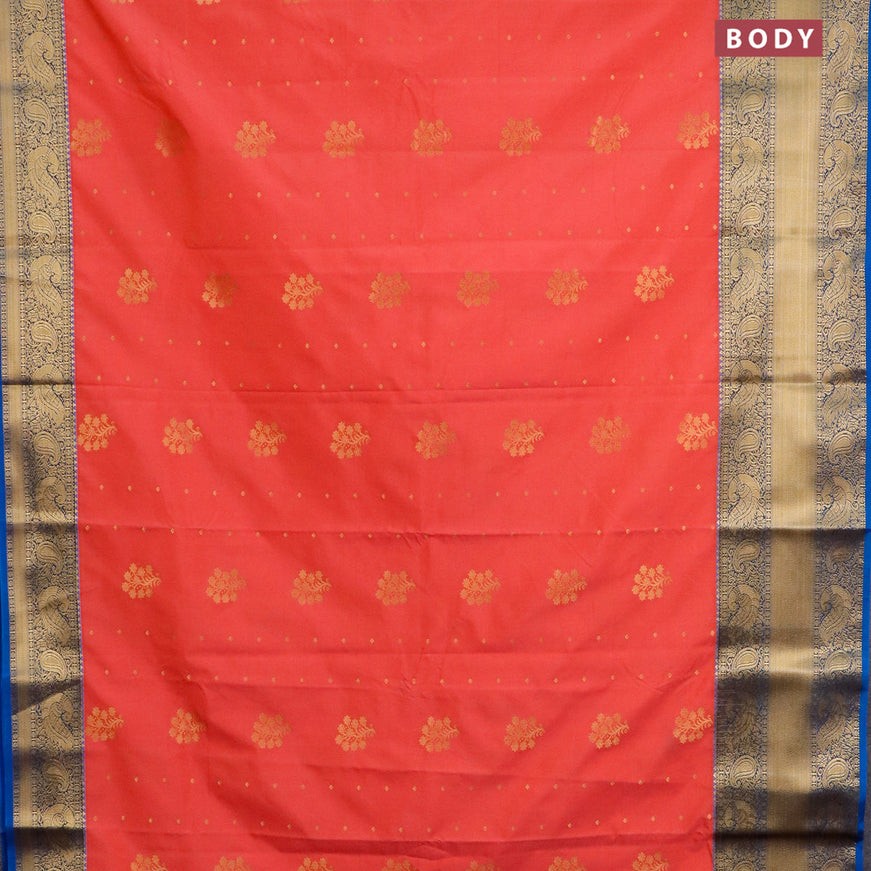 Semi kanjivaram silk saree peach pink and cs blue with zari woven floral buttas and long zari woven korvai border