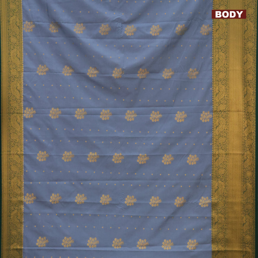 Semi kanjivaram silk saree grey and green with zari woven floral buttas and long zari woven korvai border