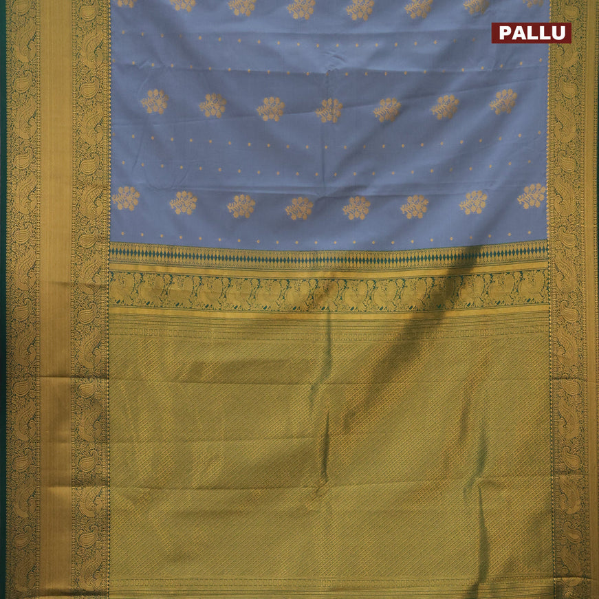 Semi kanjivaram silk saree grey and green with zari woven floral buttas and long zari woven korvai border