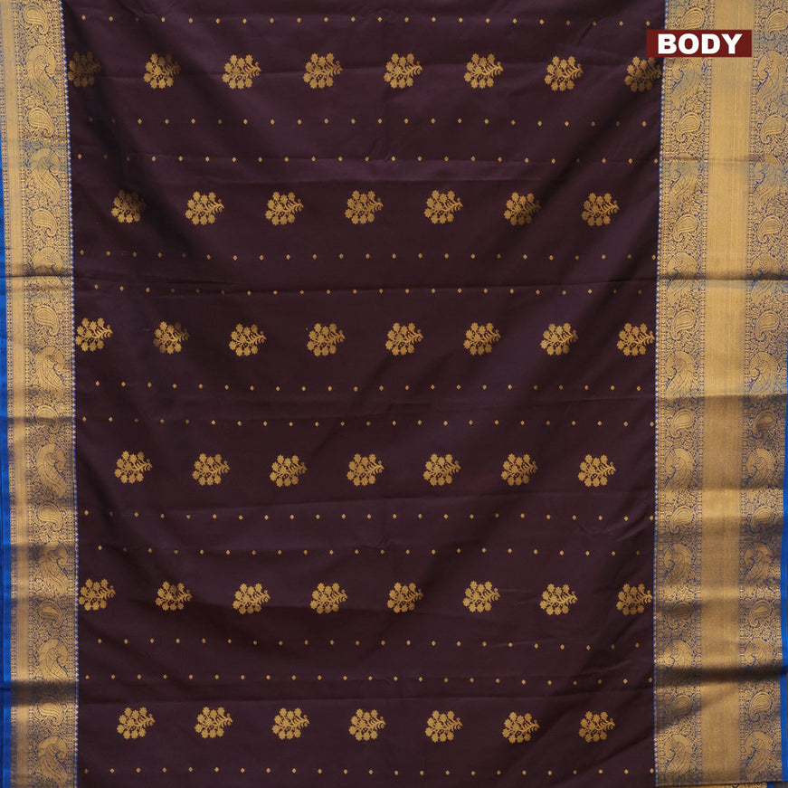 Semi kanjivaram silk saree coffee brown and cs blue with zari woven floral buttas and long zari woven korvai border
