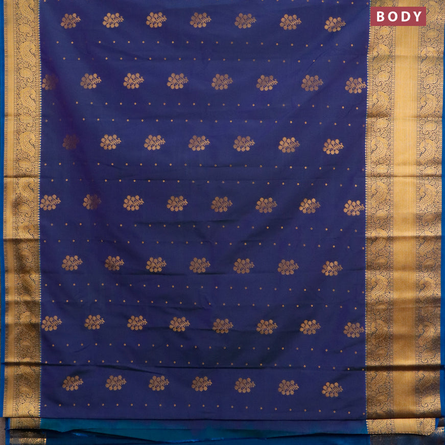 Semi kanjivaram silk saree blue and cs blue with zari woven floral buttas and long zari woven korvai border