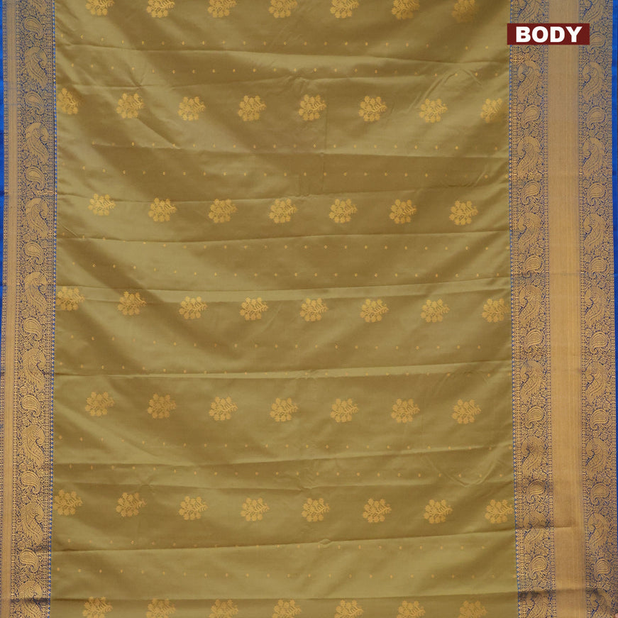 Semi kanjivaram silk saree elaichi green and cs blue with zari woven floral buttas and long zari woven korvai border