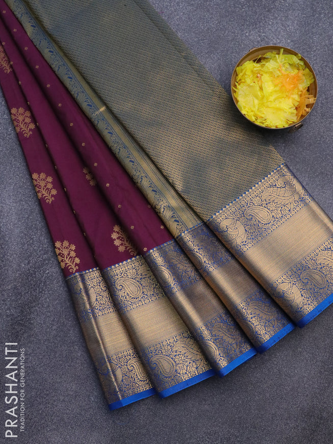Semi kanjivaram silk saree deep purple and cs blue with zari woven floral buttas and long zari woven korvai border