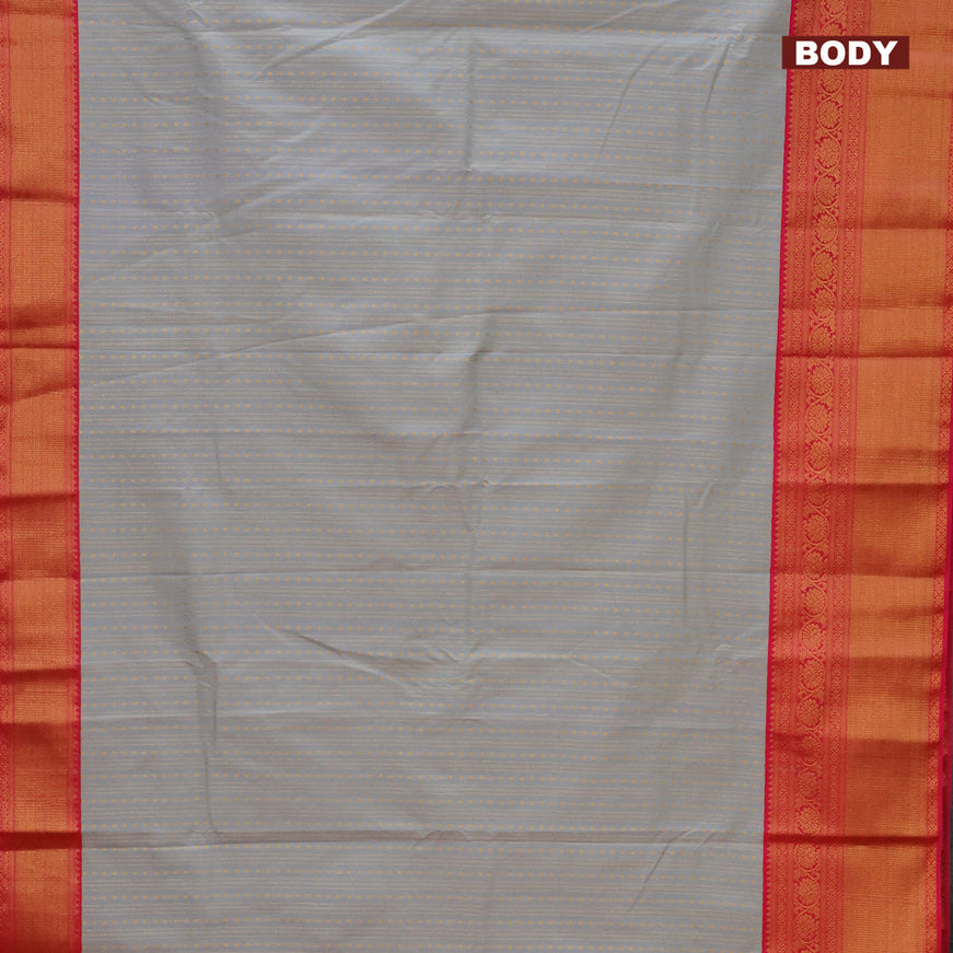Semi kanjivaram silk saree grey and pink with allover zari weaves and long zari woven korvai border