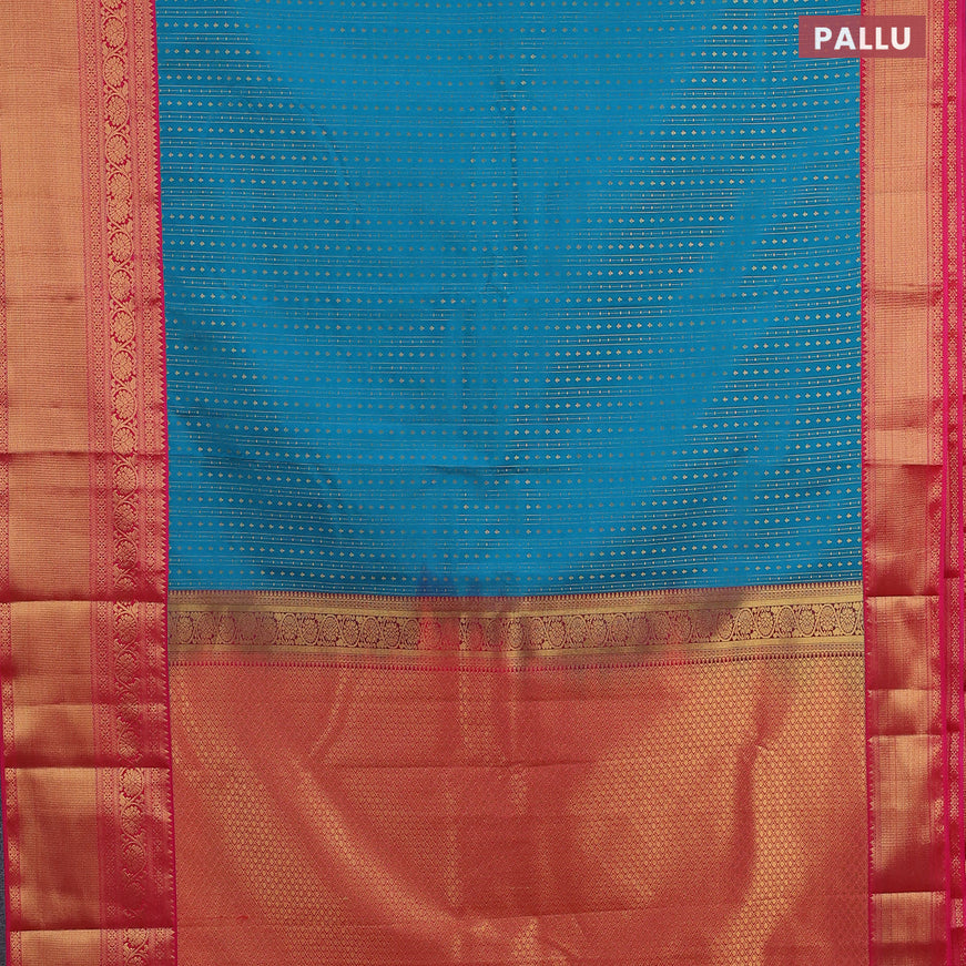 Semi kanjivaram silk saree teal blue and pink with allover zari weaves and long zari woven korvai border