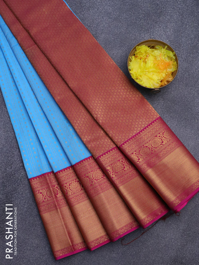 Semi kanjivaram silk saree blue and pink with allover zari weaves and long zari woven korvai border