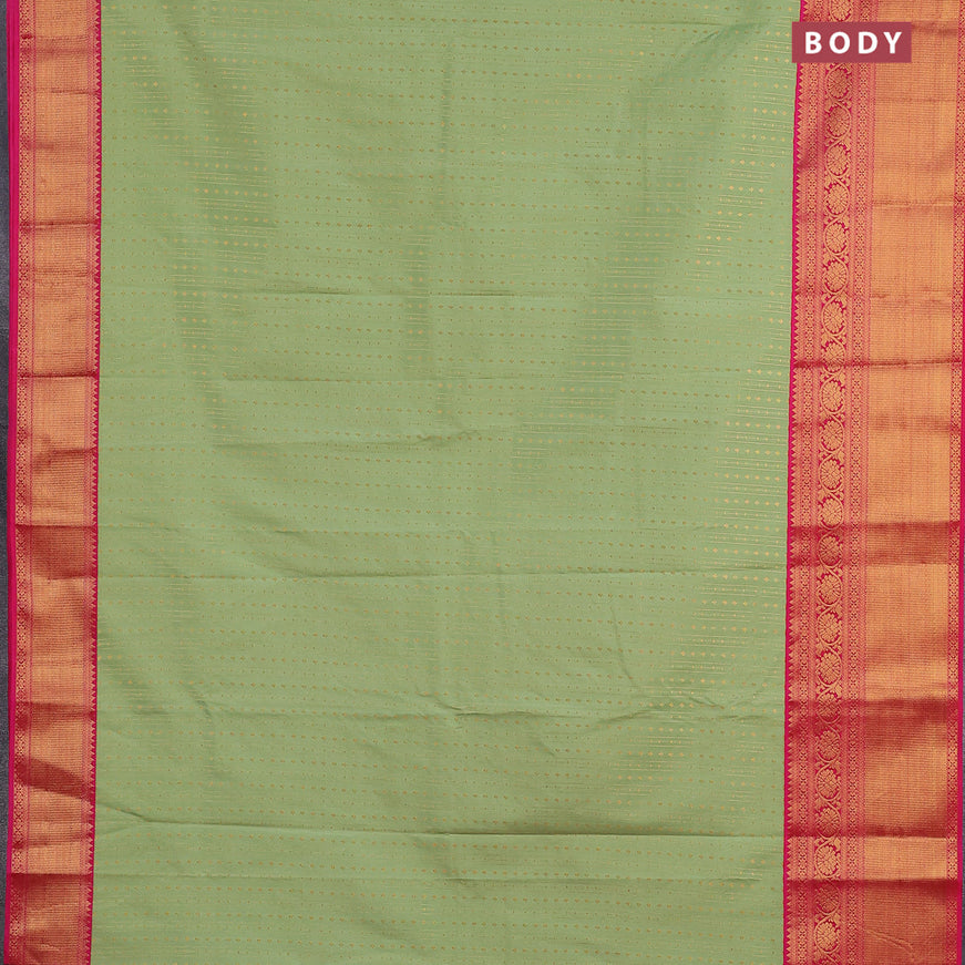 Semi kanjivaram silk saree pista green and pink with allover zari weaves and long zari woven korvai border