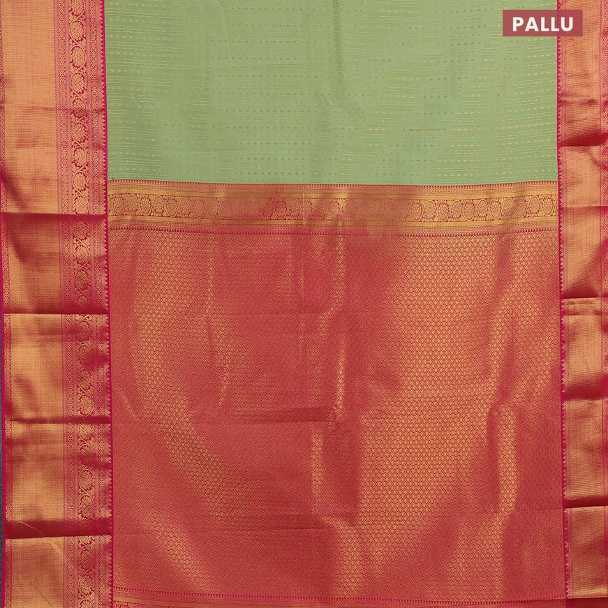 Semi kanjivaram silk saree pista green and pink with allover zari weaves and long zari woven korvai border