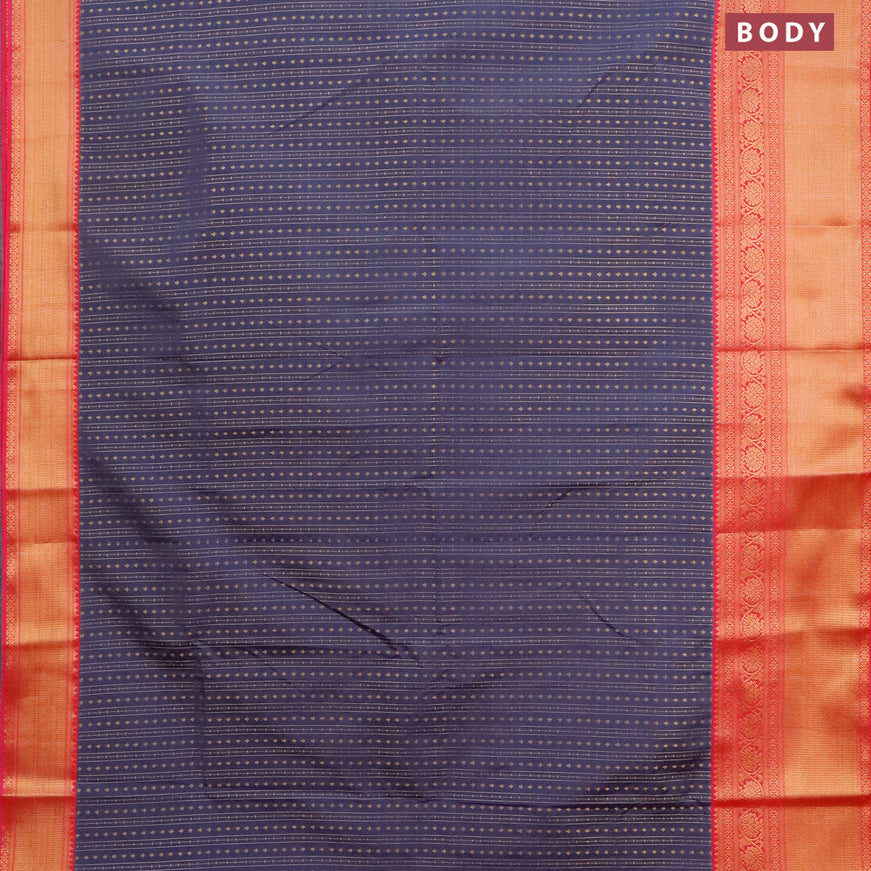 Semi kanjivaram silk saree dark grey and pink with allover zari weaves and long zari woven korvai border