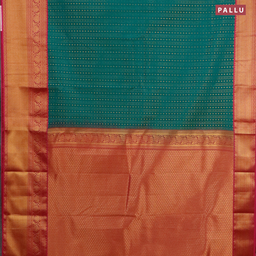 Semi kanjivaram silk saree teal green shade and pink with allover zari weaves and long zari woven korvai border