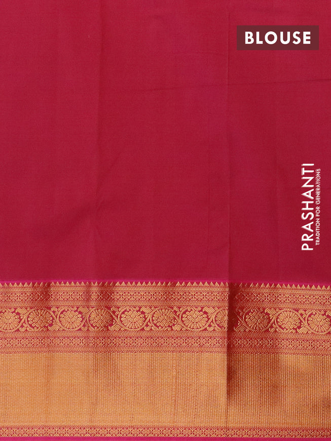 Semi kanjivaram silk saree teal green shade and pink with allover zari weaves and long zari woven korvai border