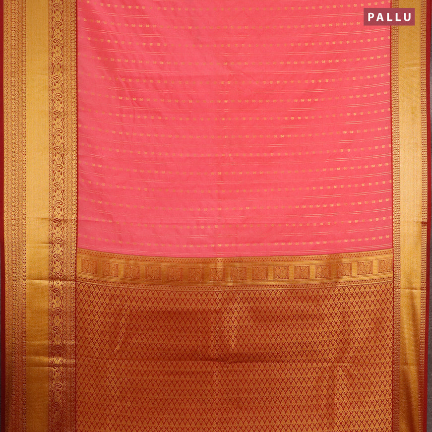Semi kanjivaram silk saree peach pink and maroon with allover zari weaves and long zari woven korvai border
