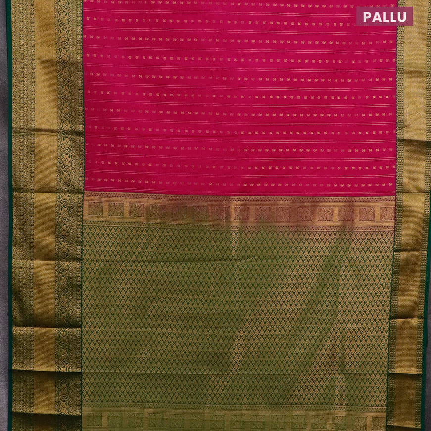 Semi kanjivaram silk saree pink and dark green with allover zari weaves and long zari woven korvai border