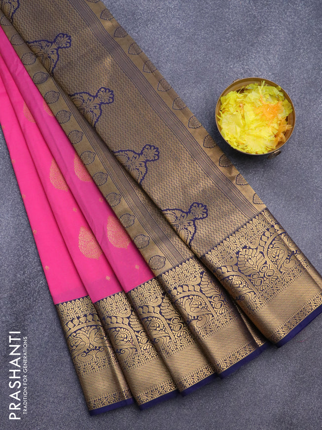 Semi kanjivaram silk saree pink and navy blue with zari woven buttas and zari woven korvai border