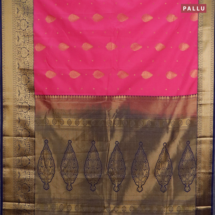 Semi kanjivaram silk saree pink and navy blue with zari woven buttas and zari woven korvai border