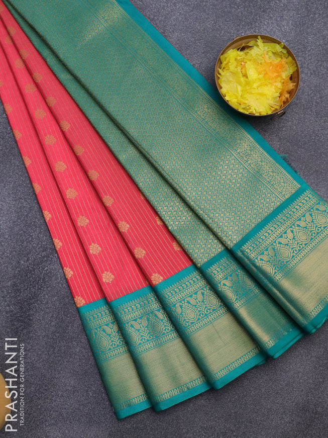 Semi kanjivaram silk saree peach pink and teal green with allover zari weaves & buttas and zari woven korvai border