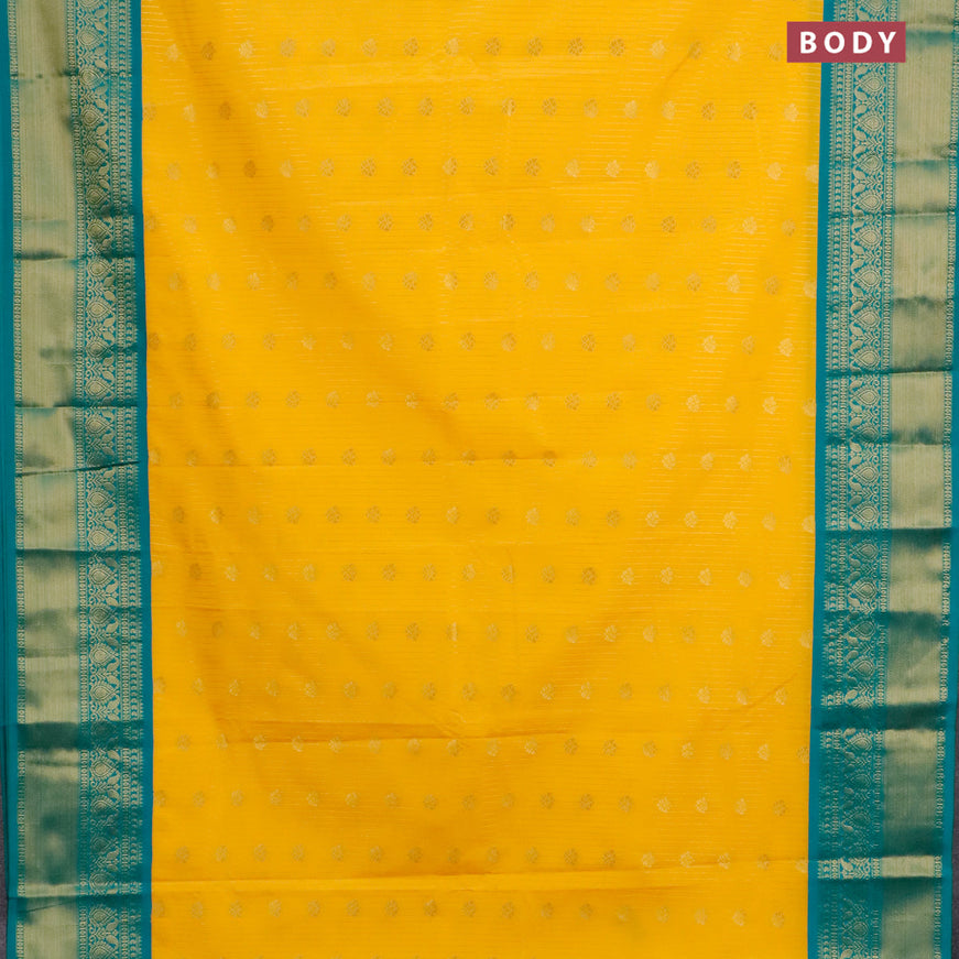 Semi kanjivaram silk saree mango yellow and teal green with allover zari weaves & buttas and zari woven korvai border