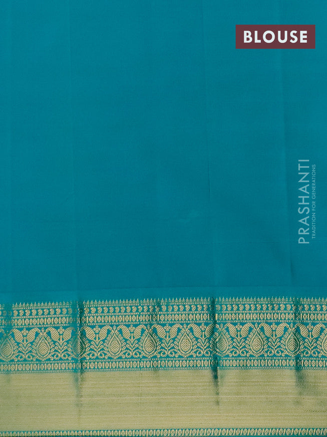 Semi kanjivaram silk saree mango yellow and teal green with allover zari weaves & buttas and zari woven korvai border