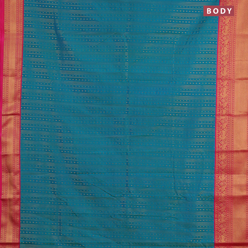 Semi kanjivaram silk saree dual shade of blusih green and pink with allover zari weaves & buttas and zari woven korvai border