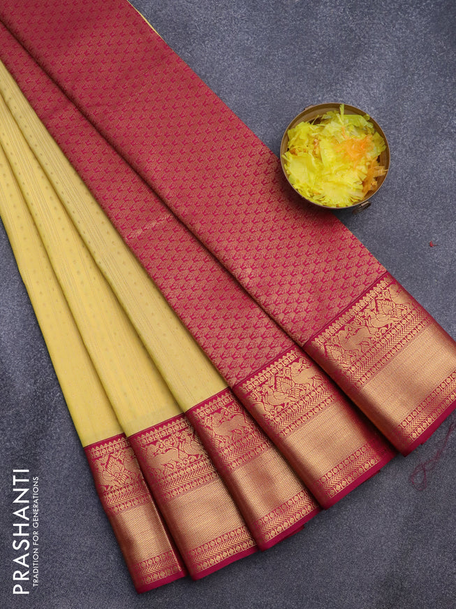 Semi kanjivaram silk saree yellow and pink with allover zari weaves & buttas and zari woven korvai border