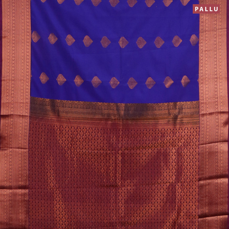 Semi kanjivaram silk saree blue and deep purple with copper zari woven buttas and copper zari woven korvai border