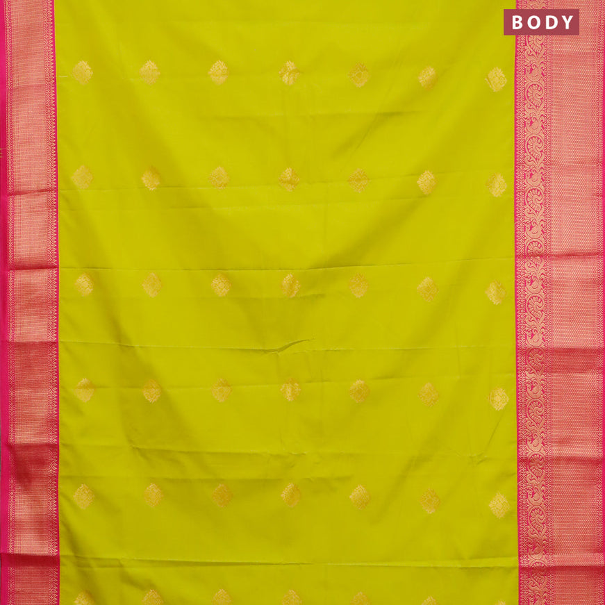 Semi kanjivaram silk saree lime green and pink with copper zari woven buttas and zari woven korvai border
