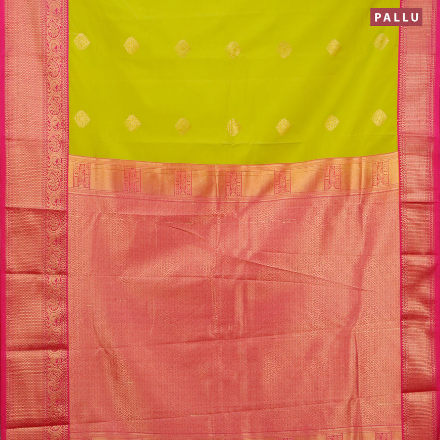 Semi kanjivaram silk saree lime green and pink with copper zari woven buttas and zari woven korvai border